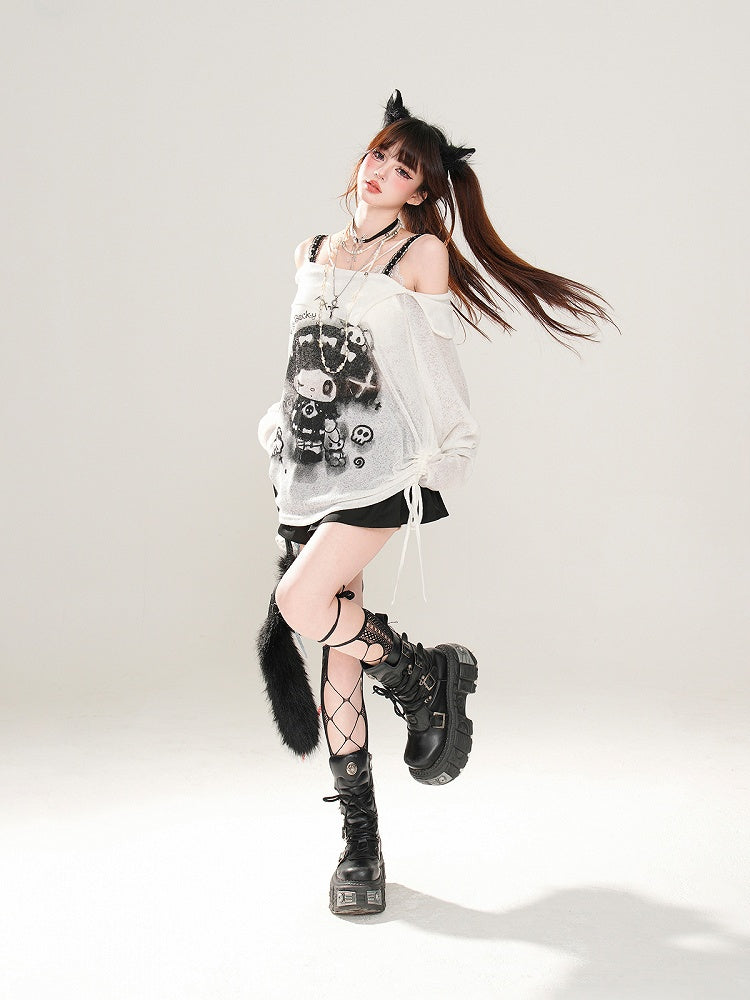 Rebellious Witch Schwarz/Weiß/Grau Ausschnitt Sonne Off-the-Shoulder Schutz Grafik Top