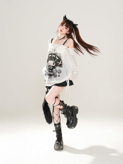 Rebellious Witch Schwarz/Weiß/Grau Ausschnitt Sonne Off-the-Shoulder Schutz Grafik Top