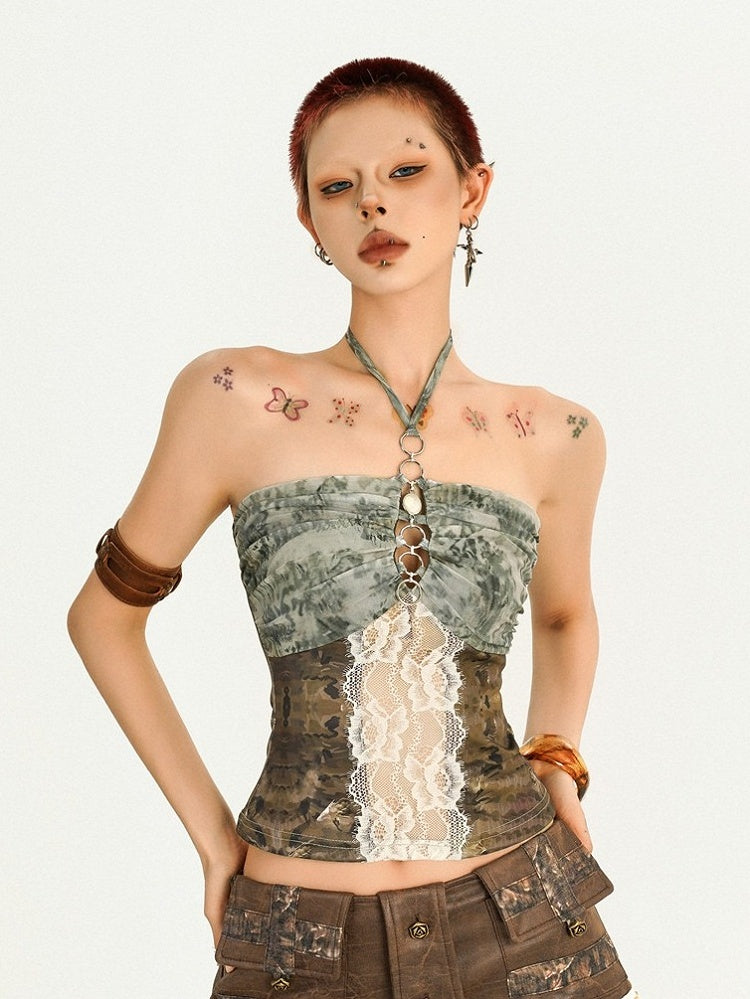 Brown & Green Desert Style Halter Neck Sleeveless Blouse with Lace Pattern