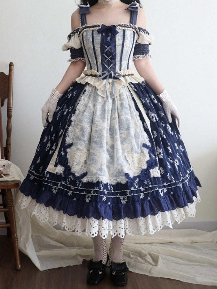 ブルーのオープンショルダーキャビンコルセットトップ + ダークブルーの花柄ロリータスカート