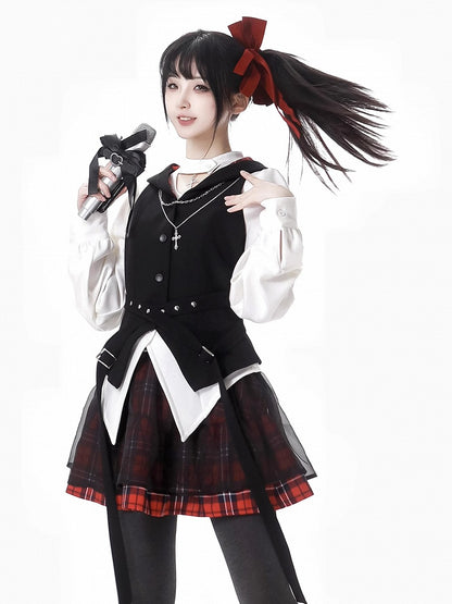 バックル付きスカート メッシュオーバーレイ レッドチェック柄ベルト ヘキサグラム刺繍アイドル