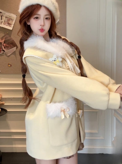 Trim Coat Fur Accents Faux Sweet Lolita and Winter with Pom-Pom Yellow