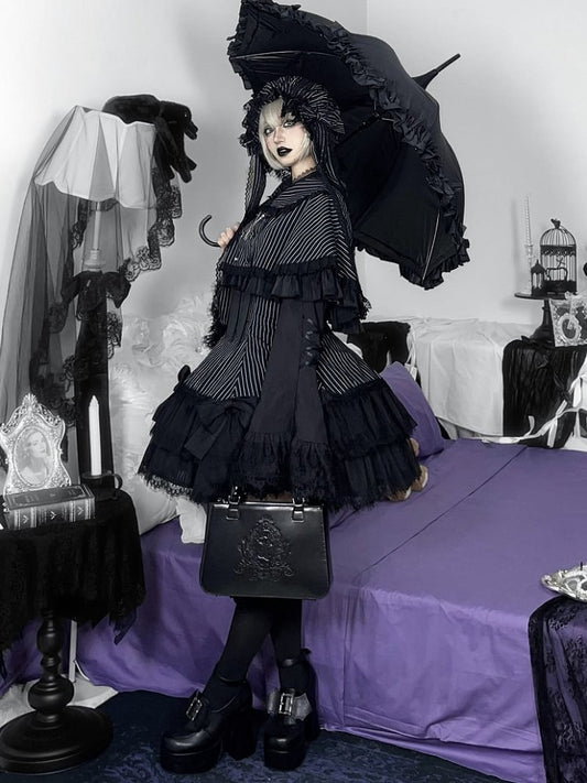 Black Rounded Flat Collar Striped Cape