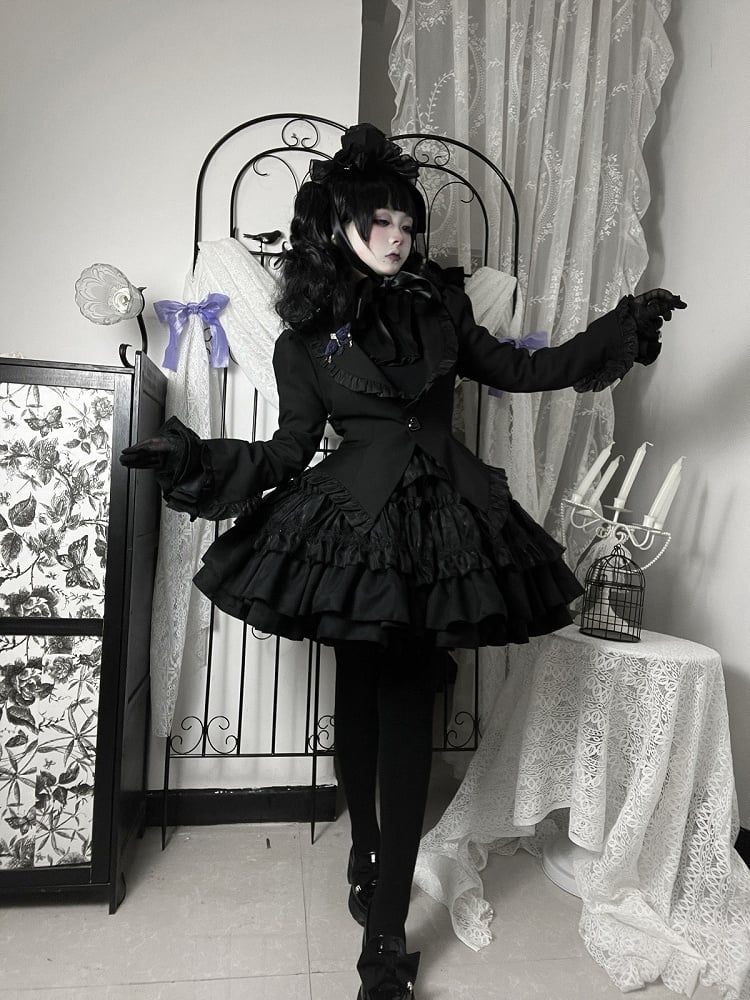 Black Gothic Lolita Tiered Ruffle Puffy Skirt