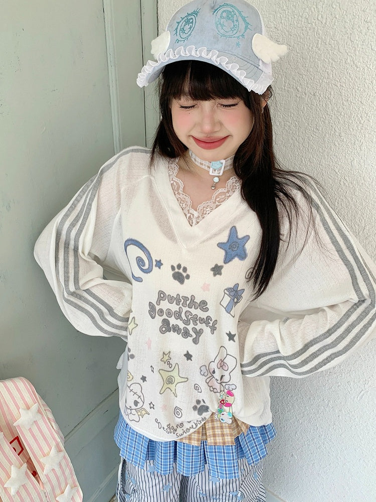 White/Blue Sheer Lace V-Neck Long Sleeve Top with Cartoon Print - Solkatt