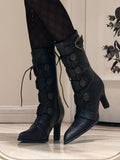 Lace-Up Pointed Leather Buckle Mid-Calf Boots Toe Elegant Embellishments - with Heels Lolita PU and Black