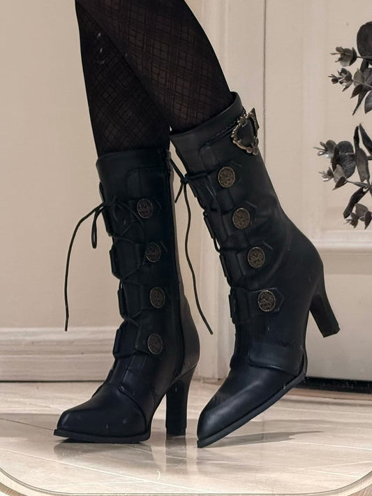 Schnürstiefel mit spitzer Spitze und Schnalle aus Leder, halbhohe Stiefel, elegante Verzierungen – mit Absätzen, Lolita PU und Schwarz