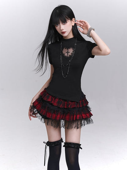 Print T-shirt Black Mock Neck Heart-shaped Cutout Cross