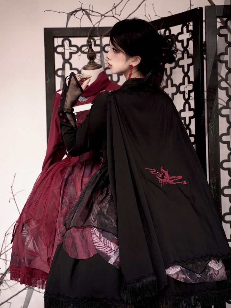 赤/黒/紫の龍と月の刺繍ショール