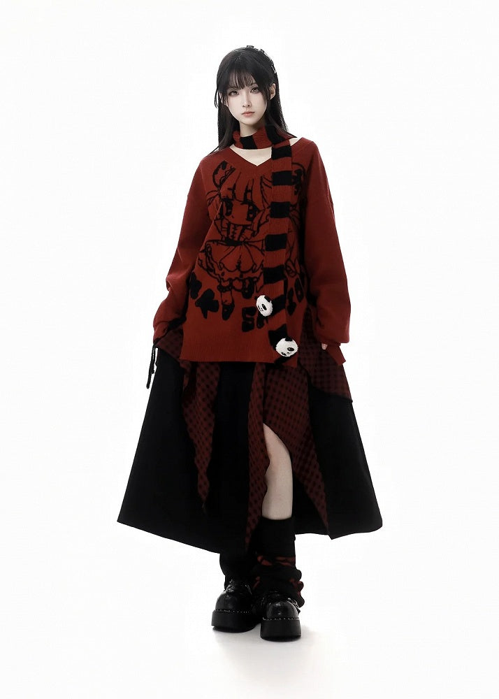 Roter Strickpullover mit V-Ausschnitt und Cartoon-Muster