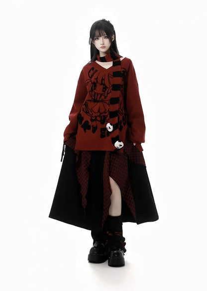 パンダのぬいぐるみが付いた赤いストライプのスカーフ