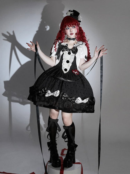 Black White Polka Dot Gothic Lolita Jumper Skirt with Bows Striped Hem - Tan Tuan