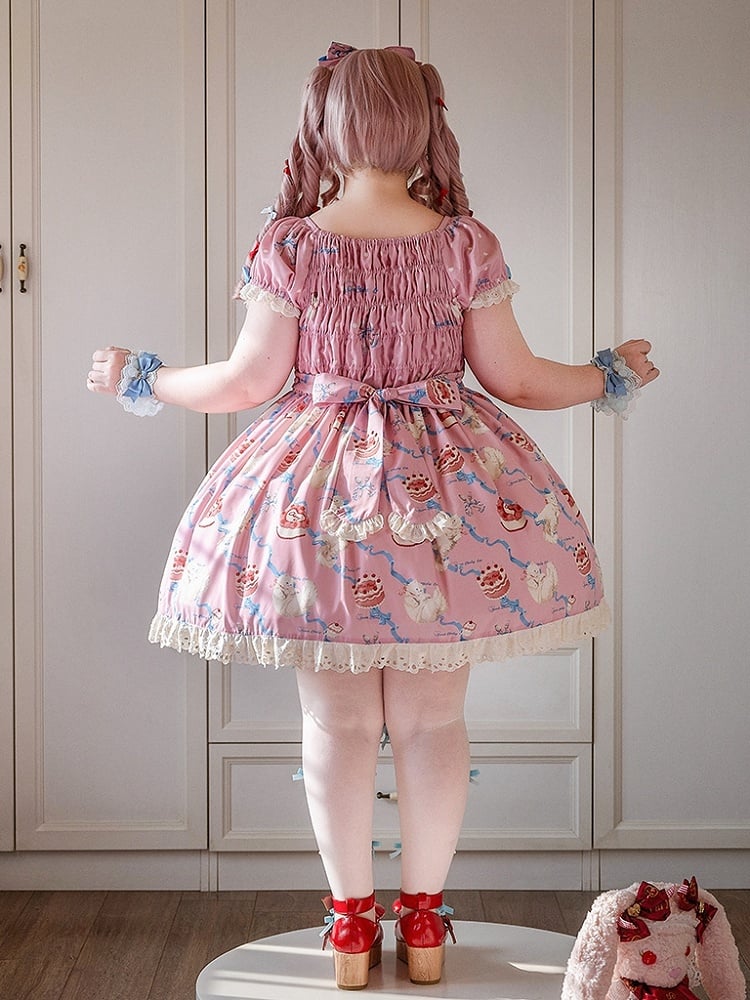 Sweet Kitty Mieder Lolita Print Einteiler gesmokt rosa elastische Schleifen und