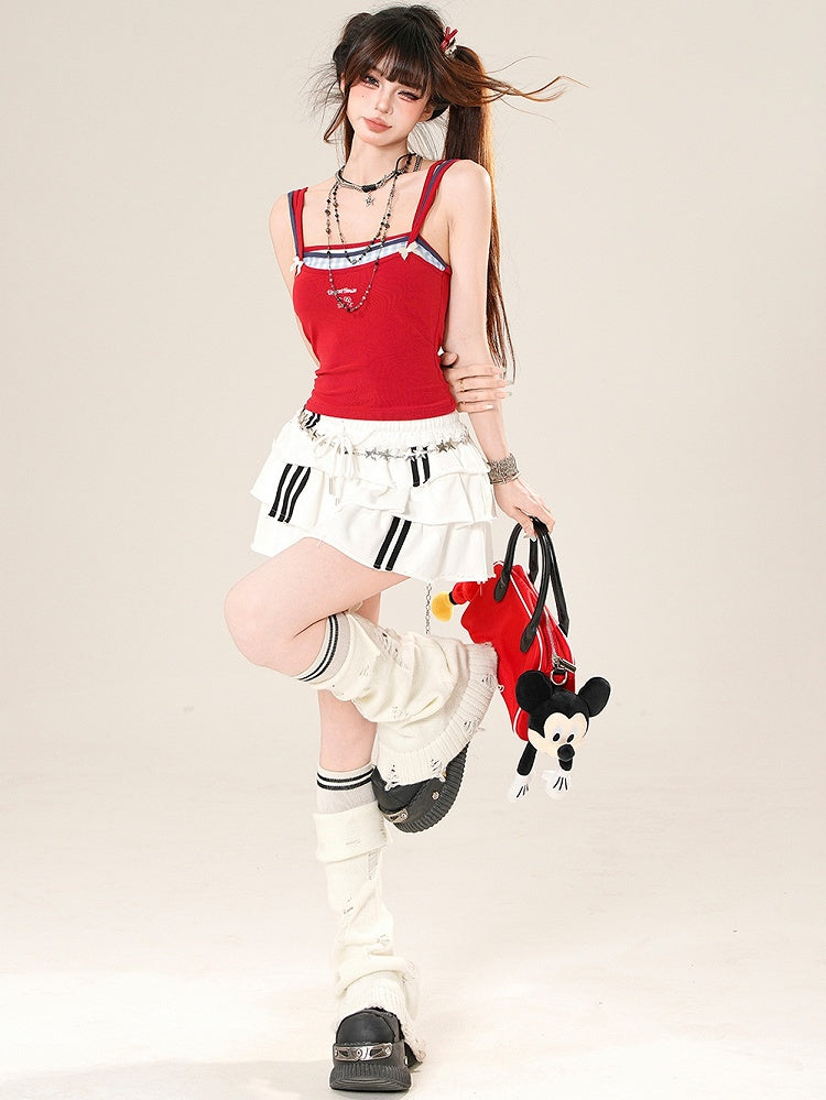 Two-pieces Details Red/Orange Top Faux Cami Bowknot Glamorous Y2K