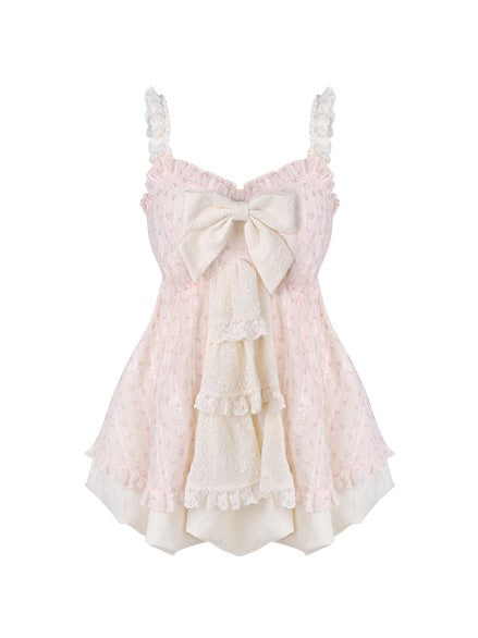 Print Dress and Bow Pink Apricot Bubble with Big Floral