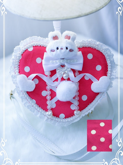 Pattern Design Bunny Plush Rose Polka-dot Beaded Decorated Crossbody Pink Pompon With Heart-shaped Bag