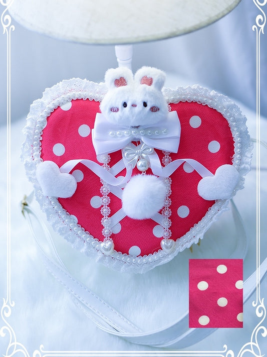Pattern Design Bunny Plush Rose Polka-dot Beaded Decorated Crossbody Pink Pompon With Heart-shaped Bag