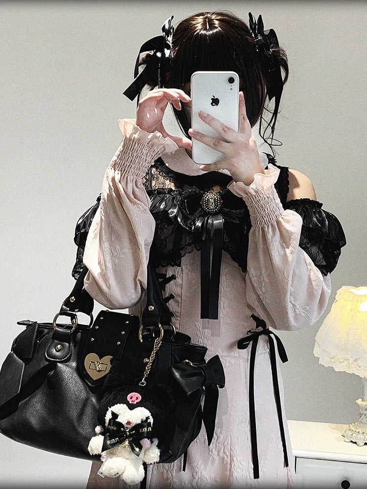 Pink Bow Shoulder Jirai Version Lace Black Long-Sleeve Kei Cutout Dress Decor Rhinestone Long