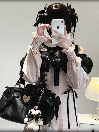 Pink Bow Shoulder Jirai Version Lace Black Long-Sleeve Kei Cutout Dress Decor Rhinestone Long