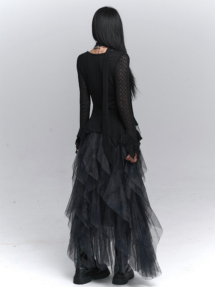 Hem Gothic Neck Irregular Strap with Cardigan Black Knit