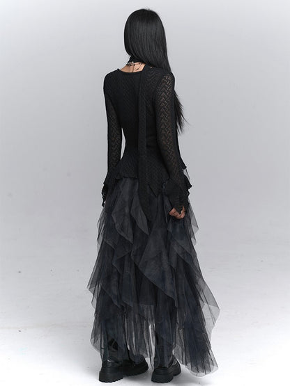 Hem Gothic Neck Irregular Strap with Cardigan Black Knit