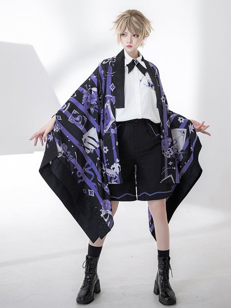 茶黒縞とポーカーカップ紫羽織柄プリント