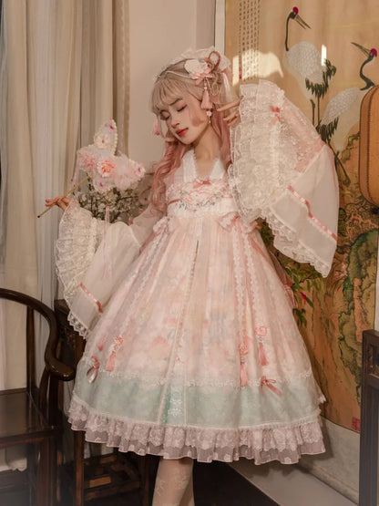 Rosa Han Lolita-Kleid mit Empire-Taille in Pfirsich- und Pfirsichblüten-Print