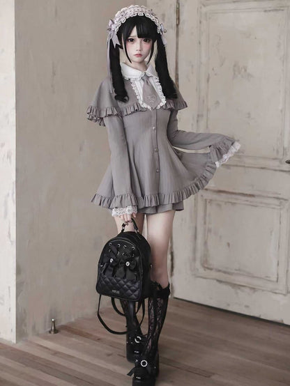 with Shorts Kei Tie Set: Jirai Bell-Sleeve Cape Detachable Mini Dress Gray Striped Matching