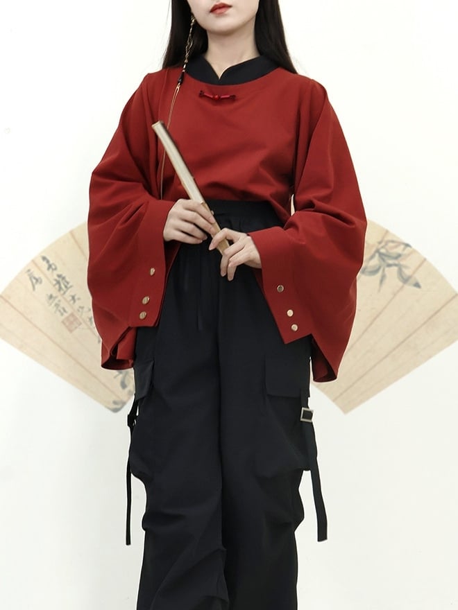 Knot Sleeve Style with Long in Buttons Chinese Ornate Red Unisex Top