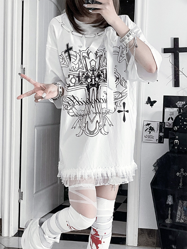 Black Bow Cotton PrintRibbon Cross T-Shirtwith Gothic White Neckline