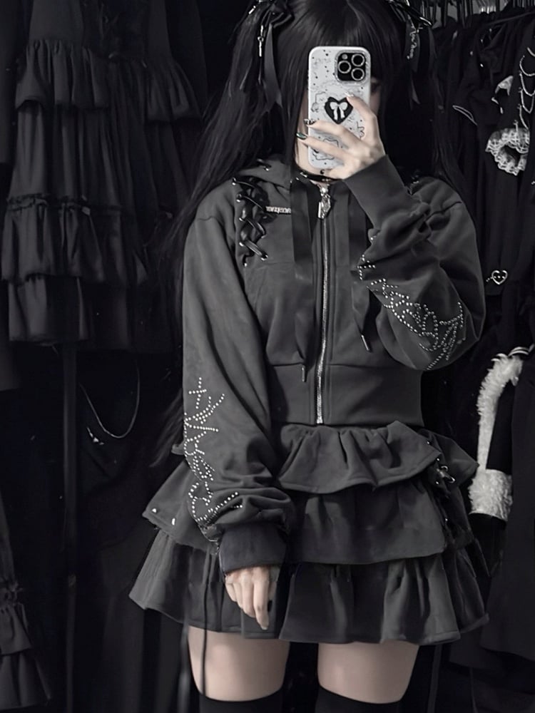 Gray Jirai Kei Stud-Decorated Hoodie Dark Lace-Up