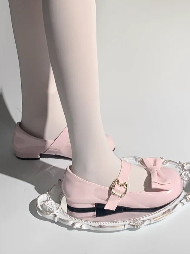 PU Bow 2cm Heeled with Detachble Jane Clips Mary Cat-shaped Buckle Round-toe Pink