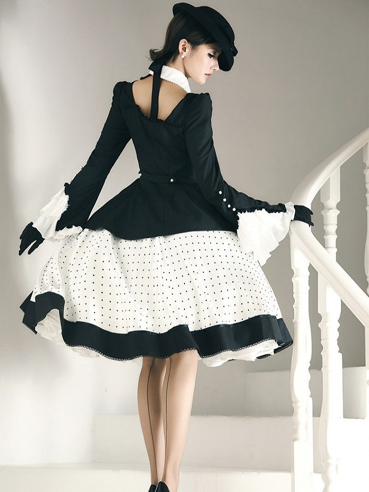 Retro Black Blazer & Polka Dot Skirt Ensemble with Bow Accents and Detachable Collar - Charing Cross