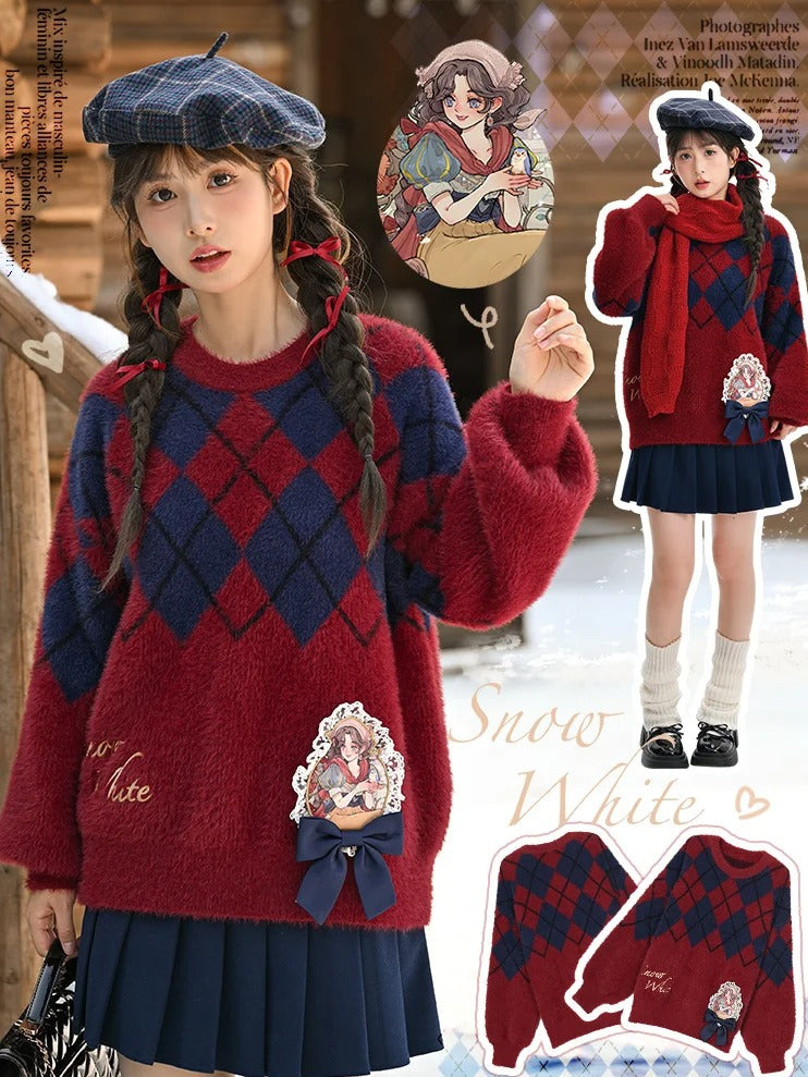 Pull ample en mohair à motif de losanges rouges Princesse Blanche-Neige
