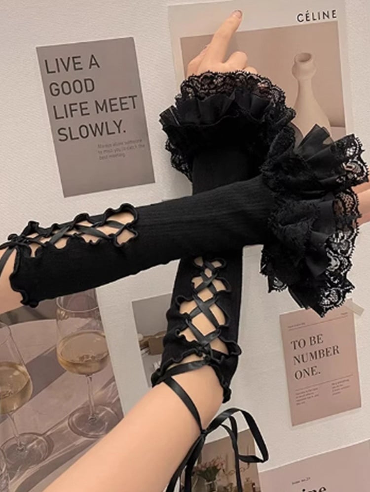 Lace Wrist White/Black Cuff Three-layered Cuffs Lace-up