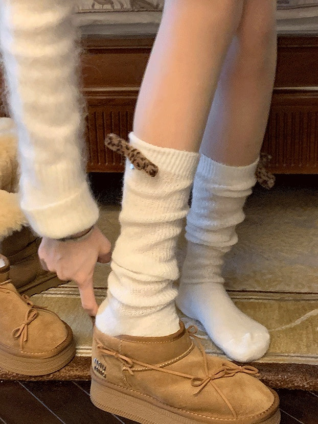 White/Light Coffee/Dark Coffee/Black/Dark Grey Sweet Calf Socks With Leopard Bowknot