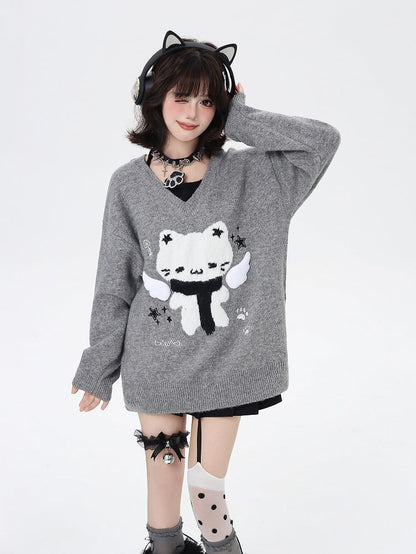 V-Neck Faux Two-Piece Sweater with Scarfed Angel Cat Pattern Blue/Gray