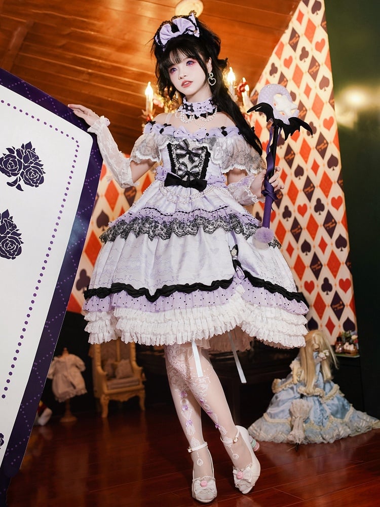 KC Wrist Cuffs Lolita Full Shoulder Choker Veil Set + Dress Mini Off Hime Purple Hat