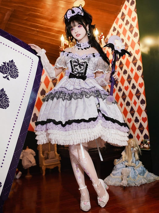 KC Wrist Cuffs Lolita Full Shoulder Choker Veil Set + Dress Mini Off Hime Purple Hat