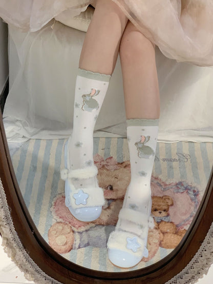 Accent Flats Button Star Baby Plush Lolita Sweet Detail - Cozy for Snap Blue Strap Winter