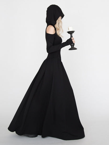 Gothic Schwarzes Wasteland Punk Kapuzenkleid mit Cutout an der Schulter