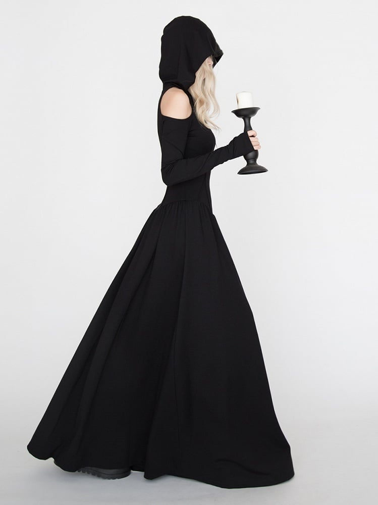 Kapuzen-Hexen-Punk-Kleid im Wasteland-Look für schwarzen Halloween-Gothic-Schulterausschnitt