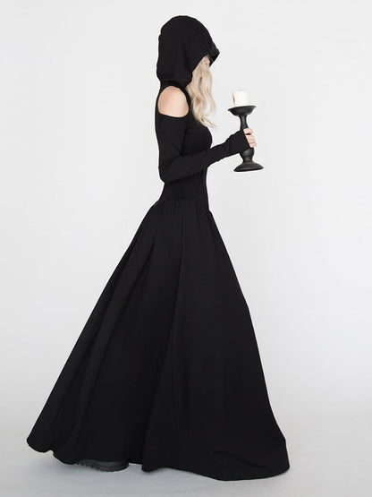 Hooded Witchy Punk Dress a Look Wasteland for Black Halloween Gothic Shoulder Cutout