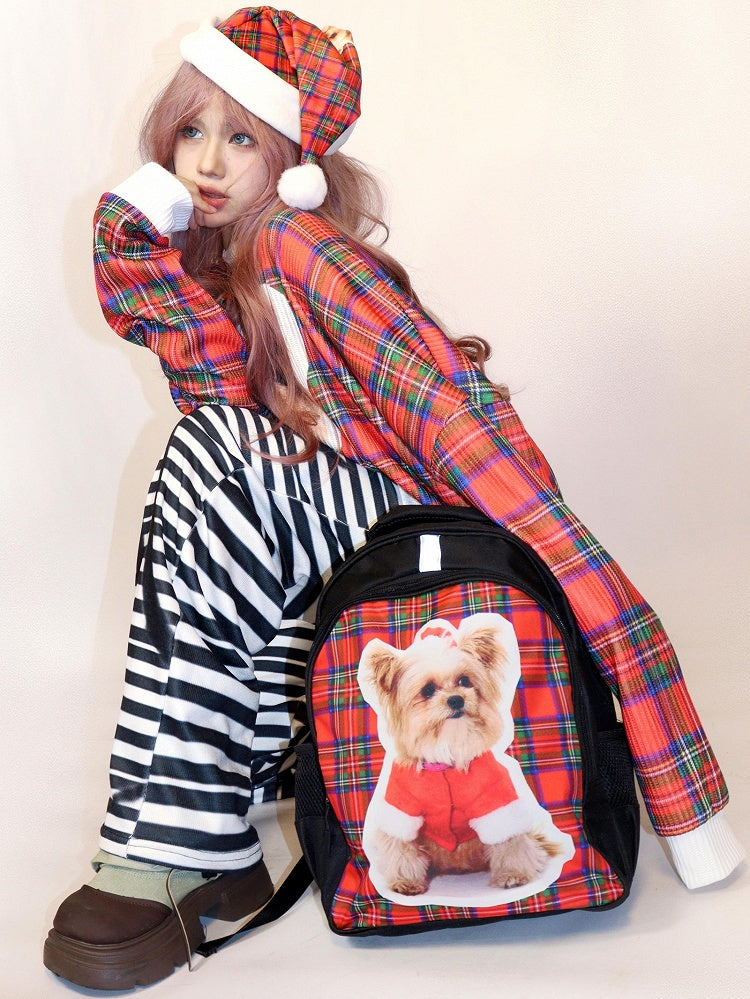 Plaid Puppy Hat Pattern Print Christmas Red