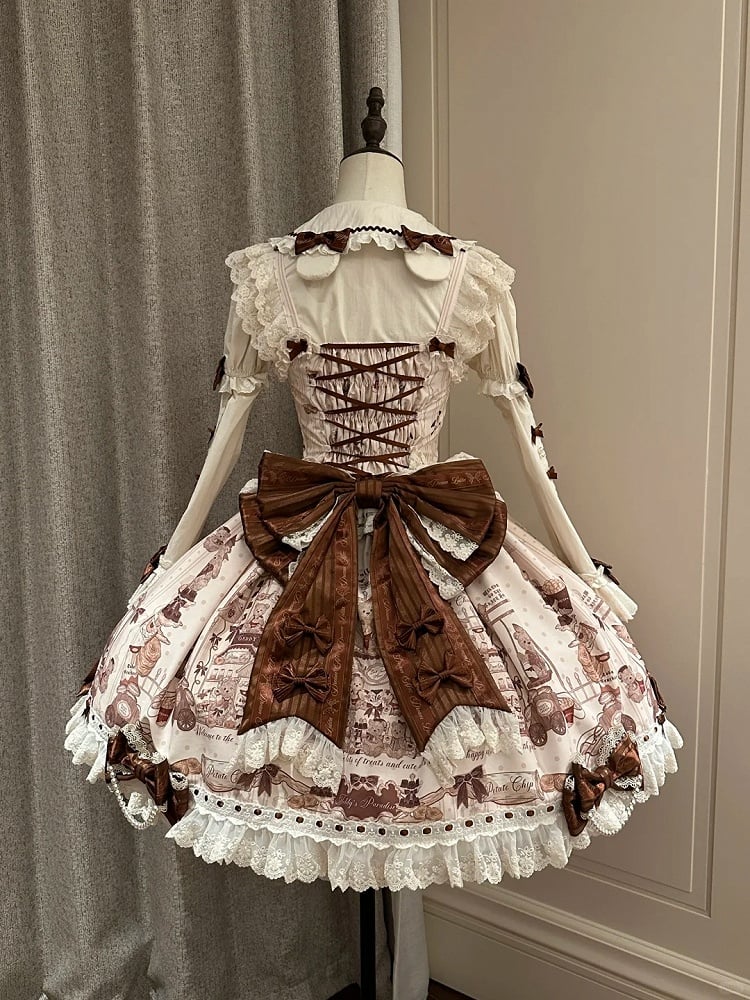 Sweet Brown Little Dress Lace Lolita Bear JSK Flutter with Sleeves Print Beige Details Workshop