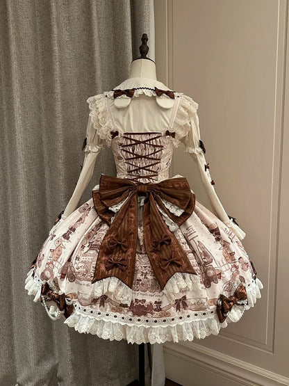 Sweet Brown Little Dress Lace Lolita Bear JSK Flutter with Sleeves Print Beige Details Workshop