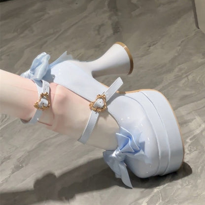 Decorative Platform Sky Bows Sweet Lolita Blue with in Round-Toe Mary Janes High-heel