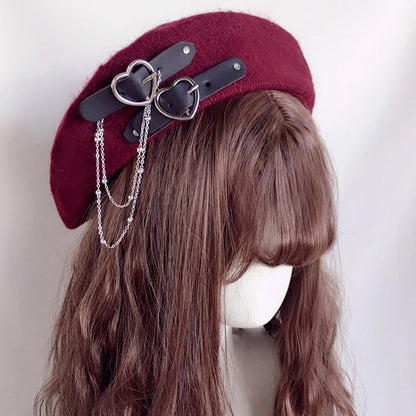 Buckle 4 Colors with Details Chain Beret