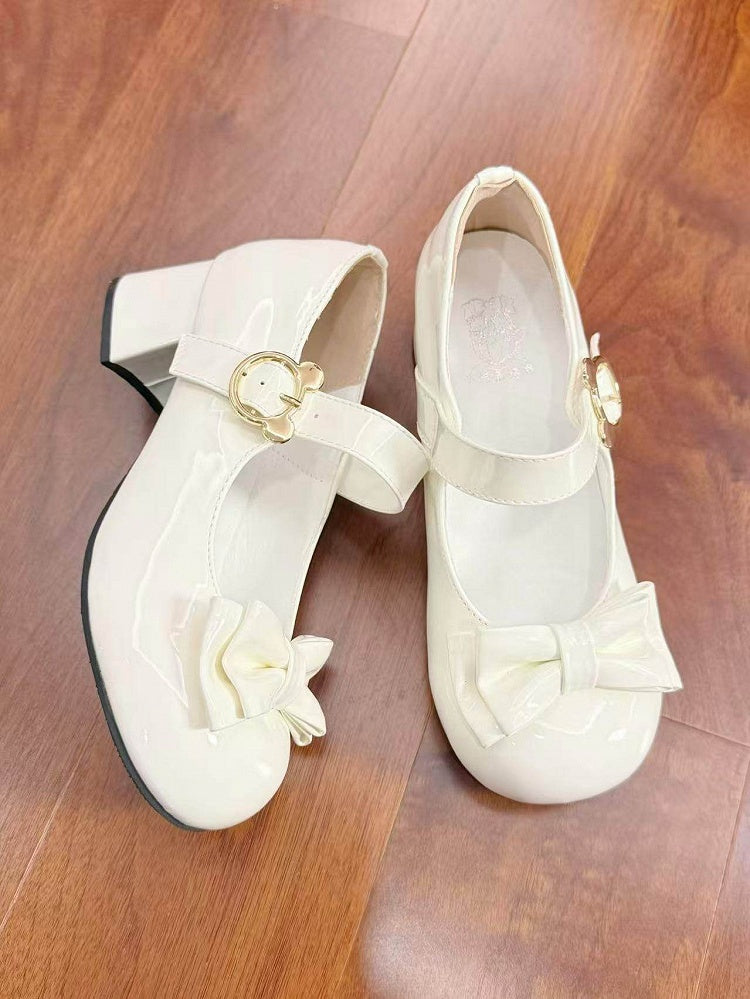 5cm Lolita Round Bear in Design Toe Buckle with Mid-heeled Sweet Bow White Details Shoes