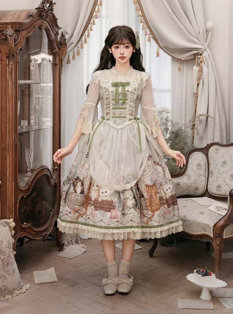 Green Cat Print Lace Ruffles Sweet Lolita JSK Dress with Drawstring Overlay - NyaNya